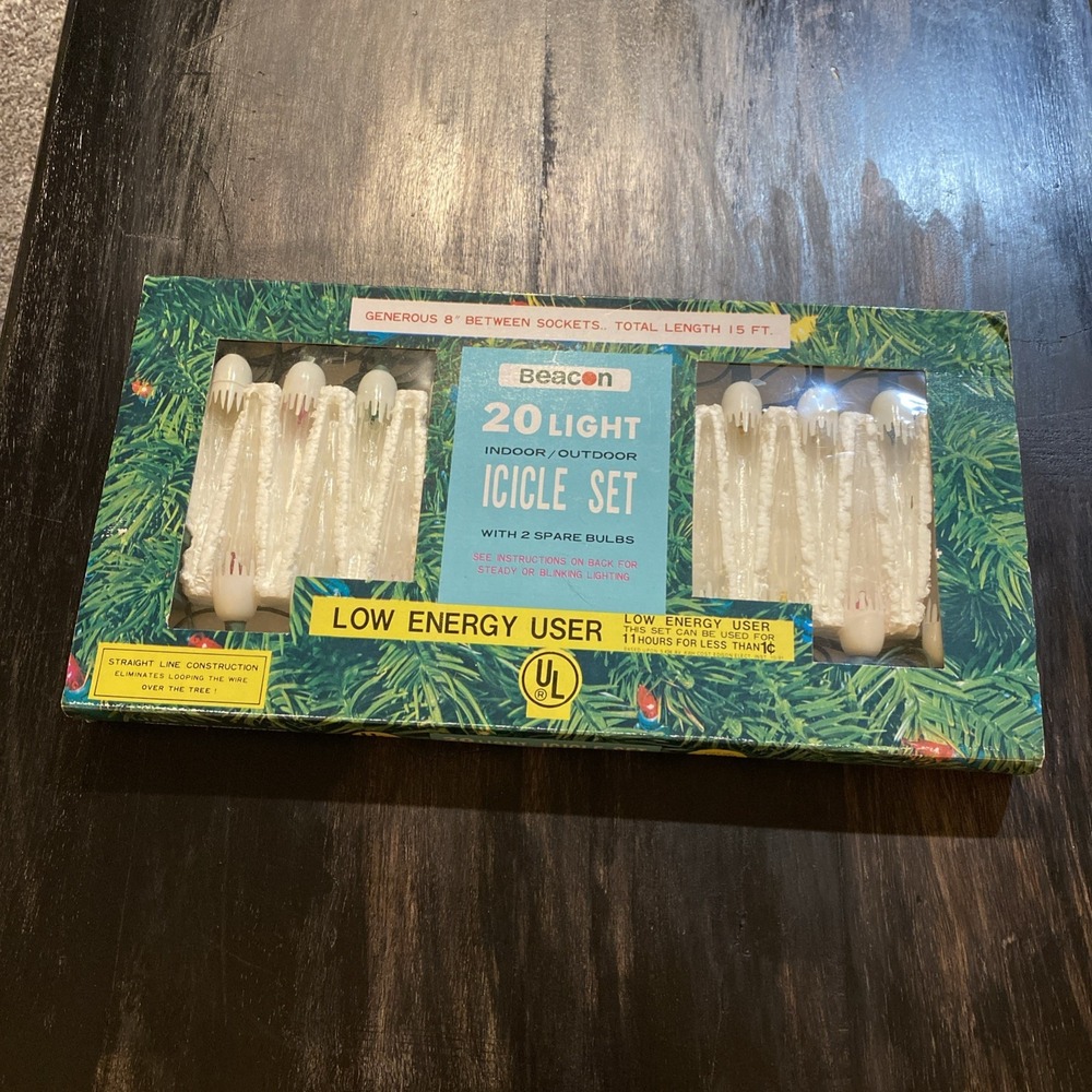 Vintage Christmas Icicle lights NOS original box holiday decoration Beacon 1981
